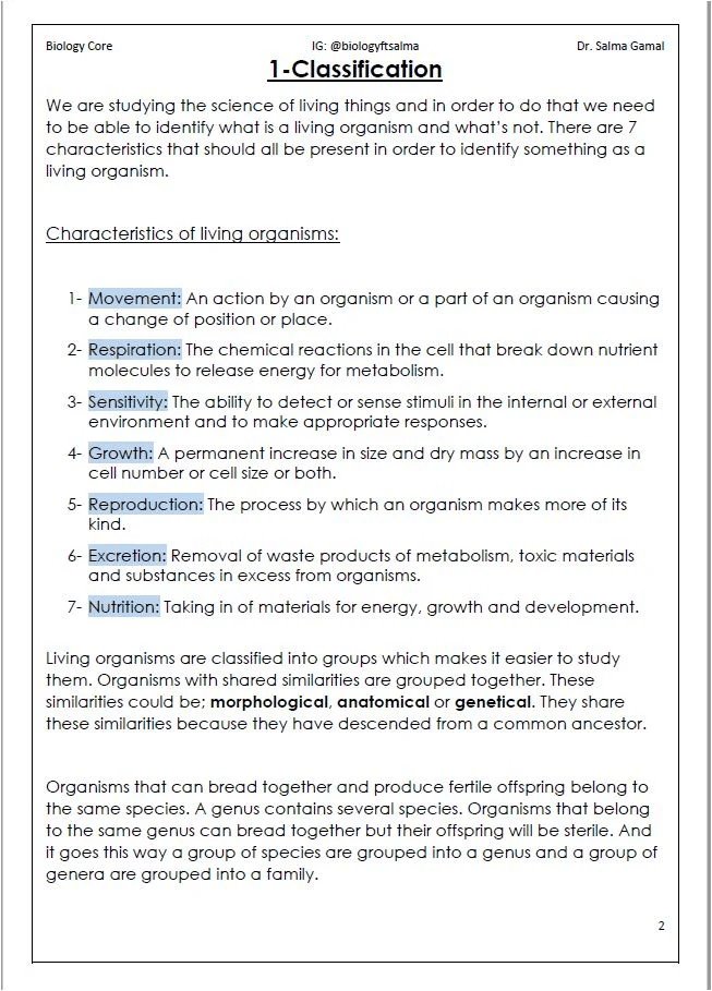 Cambridge Pre-IG Biology (0610/0970) Notes Salma Gamal